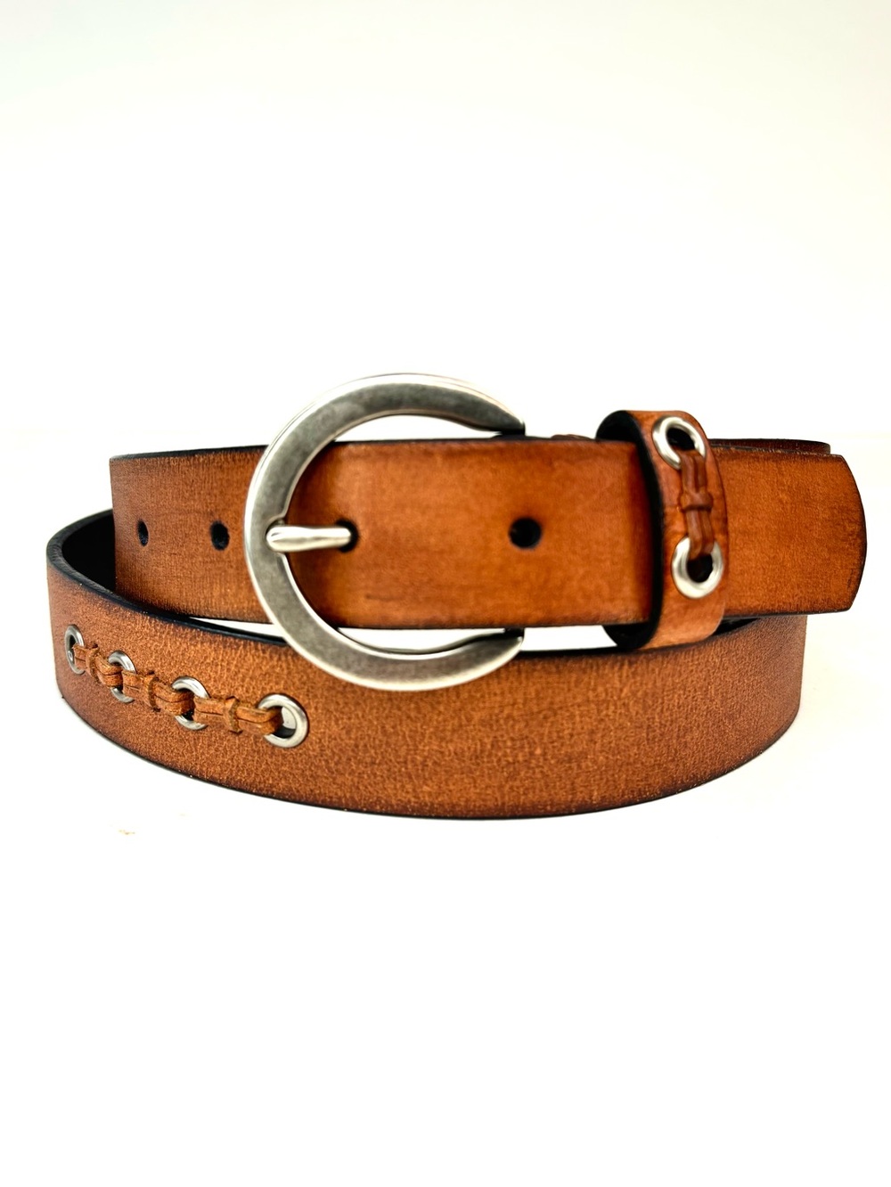 ROLFS Rustic Tan‎ Woven Leather Boho Western Belt Silver Grommets Ring Buckle LG